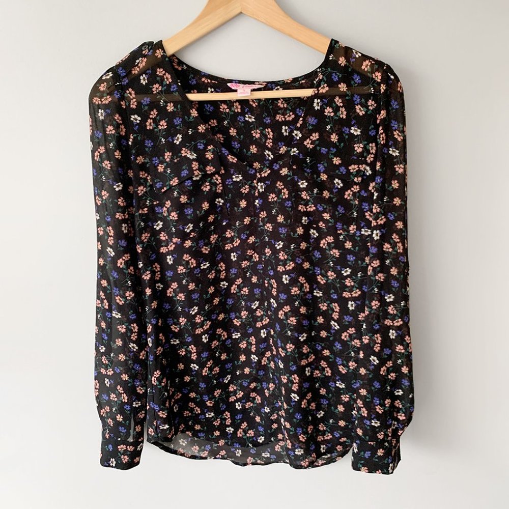 🔴 2+/$15 sale | Women's Black Sheer Floral Print Long Sleeve Top